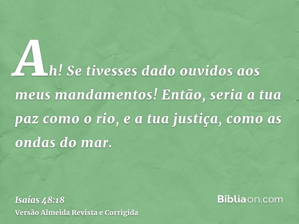 Ah! Se tivesses dado ouvidos aos meus mandamentos! Então, seria a tua paz como o rio, e a tua justiça, como as ondas do mar.