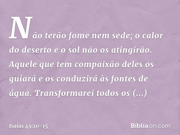 Não terão fome nem sede;
o calor do deserto e o sol não os atingirão.
Aquele que tem compaixão deles os guiará
e os conduzirá às fontes de água. Transformarei t