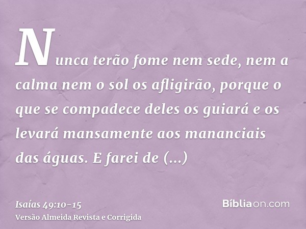 Nunca terão fome nem sede, nem a calma nem o sol os afligirão, porque o que se compadece deles os guiará e os levará mansamente aos mananciais das águas.E farei