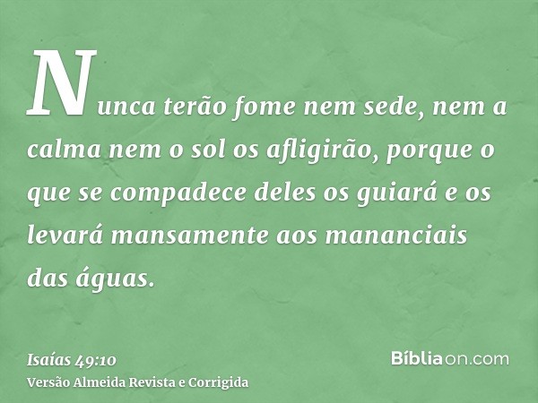 Nunca terão fome nem sede, nem a calma nem o sol os afligirão, porque o que se compadece deles os guiará e os levará mansamente aos mananciais das águas.