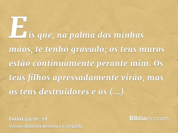 Eis que, na palma das minhas mãos, te tenho gravado; os teus muros estão continuamente perante mim.Os teus filhos apressadamente virão, mas os teus destruidores