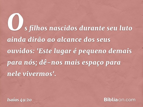 Os filhos nascidos durante seu luto
ainda dirão ao alcance dos seus ouvidos:
'Este lugar é pequeno demais para nós;
dê-nos mais espaço para nele vivermos'. -- I