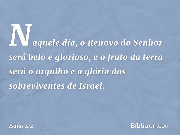 Naquele dia, o Renovo do Senhor será belo e glorioso, e o fruto da terra será o orgulho e a glória dos sobreviventes de Israel. -- Isaías 4:2