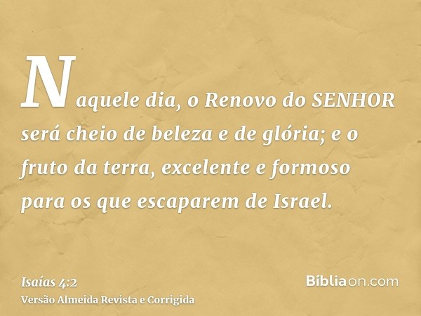 Naquele dia, o Renovo do SENHOR será cheio de beleza e de glória; e o fruto da terra, excelente e formoso para os que escaparem de Israel.