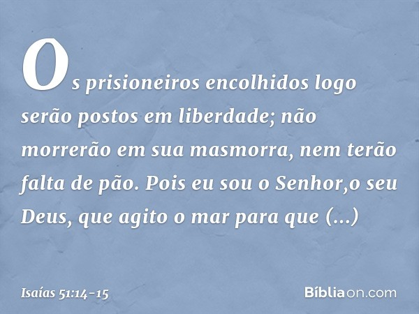 Os prisioneiros encolhidos
logo serão postos em liberdade;
não morrerão em sua masmorra,
nem terão falta de pão. Pois eu sou o Senhor,o seu Deus,
que agito o ma