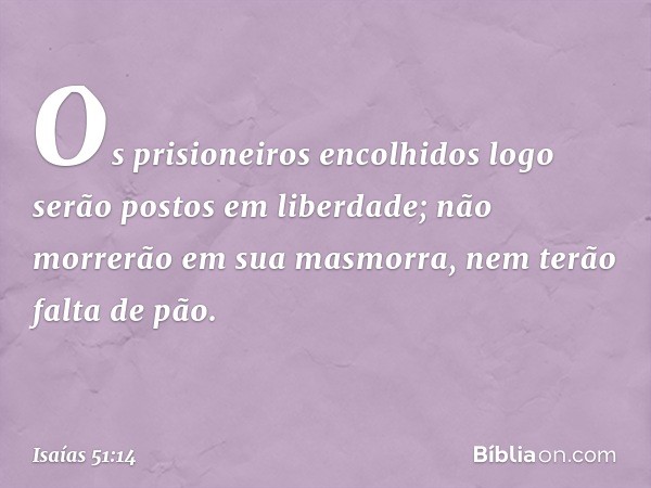 Os prisioneiros encolhidos
logo serão postos em liberdade;
não morrerão em sua masmorra,
nem terão falta de pão. -- Isaías 51:14