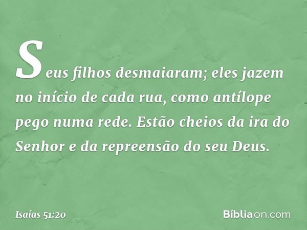 Seus filhos desmaiaram;
eles jazem no início de cada rua,
como antílope pego numa rede.
Estão cheios da ira do Senhor
e da repreensão do seu Deus. -- Isaías 51: