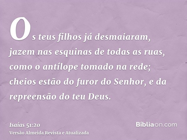 Os teus filhos já desmaiaram, jazem nas esquinas de todas as ruas, como o antílope tomado na rede; cheios estão do furor do Senhor, e da repreensão do teu Deus.