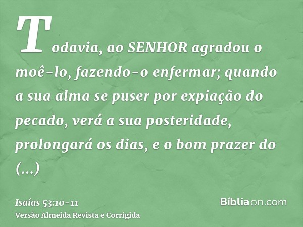 Todavia, ao SENHOR agradou o moê-lo, fazendo-o enfermar; quando a sua alma se puser por expiação do pecado, verá a sua posteridade, prolongará os dias, e o bom 