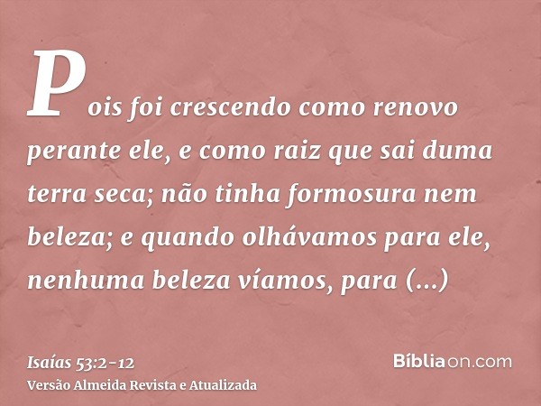 Pois foi crescendo como renovo perante ele, e como raiz que sai duma terra seca; não tinha formosura nem beleza; e quando olhávamos para ele, nenhuma beleza vía