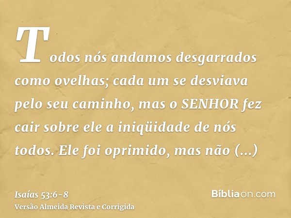 Todos nós andamos desgarrados como ovelhas; cada um se desviava pelo seu caminho, mas o SENHOR fez cair sobre ele a iniqüidade de nós todos.Ele foi oprimido, ma