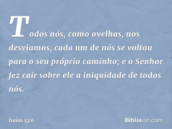 Todos nós, como ovelhas,
nos desviamos,
cada um de nós se voltou
para o seu próprio caminho;
e o Senhor fez cair sobre ele
a iniquidade de todos nós. -- Isaías 