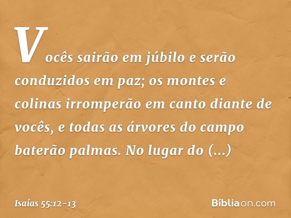 Vocês sairão em júbilo
e serão conduzidos em paz;
os montes e colinas irromperão
em canto diante de vocês,
e todas as árvores do campo
baterão palmas. No lugar