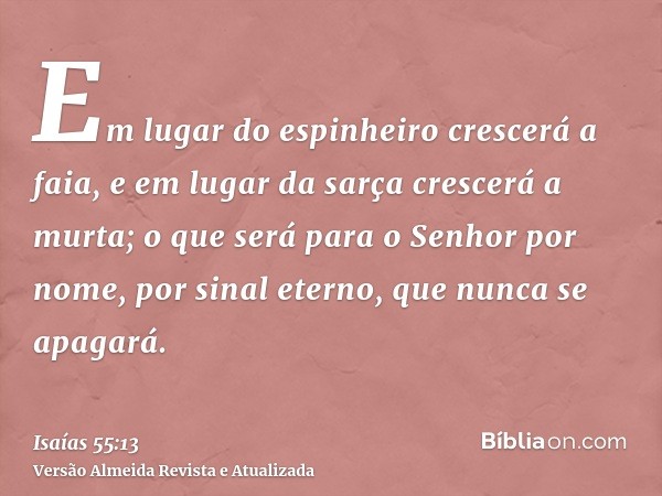 Em lugar do espinheiro crescerá a faia, e em lugar da sarça crescerá a murta; o que será para o Senhor por nome, por sinal eterno, que nunca se apagará.