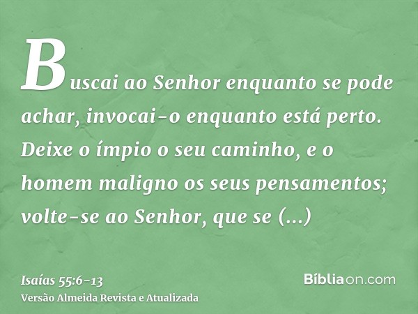 Buscai ao Senhor enquanto se pode achar, invocai-o enquanto está perto.Deixe o ímpio o seu caminho, e o homem maligno os seus pensamentos; volte-se ao Senhor, q