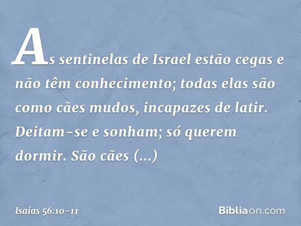 As sentinelas de Israel estão cegas
e não têm conhecimento;
todas elas são como cães mudos,
incapazes de latir.
Deitam-se e sonham;
só querem dormir. São cães d