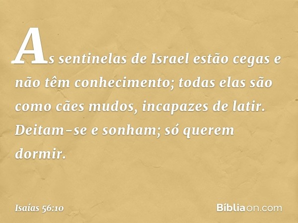 As sentinelas de Israel estão cegas
e não têm conhecimento;
todas elas são como cães mudos,
incapazes de latir.
Deitam-se e sonham;
só querem dormir. -- Isaías 