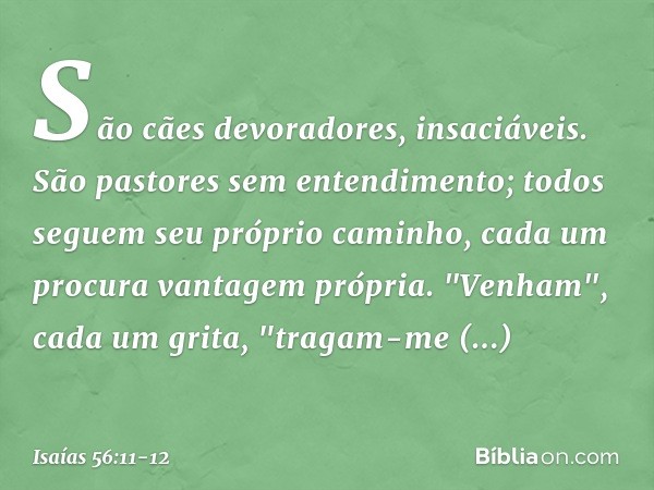 São cães devoradores, insaciáveis.
São pastores sem entendimento;
todos seguem seu próprio caminho,
cada um procura vantagem própria. "Venham", cada um grita,
"