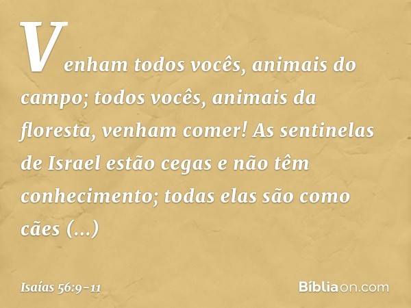 Venham todos vocês,
animais do campo;
todos vocês, animais da floresta,
venham comer! As sentinelas de Israel estão cegas
e não têm conhecimento;
todas elas são