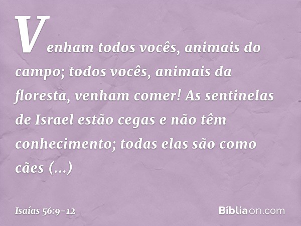 Venham todos vocês,
animais do campo;
todos vocês, animais da floresta,
venham comer! As sentinelas de Israel estão cegas
e não têm conhecimento;
todas elas são