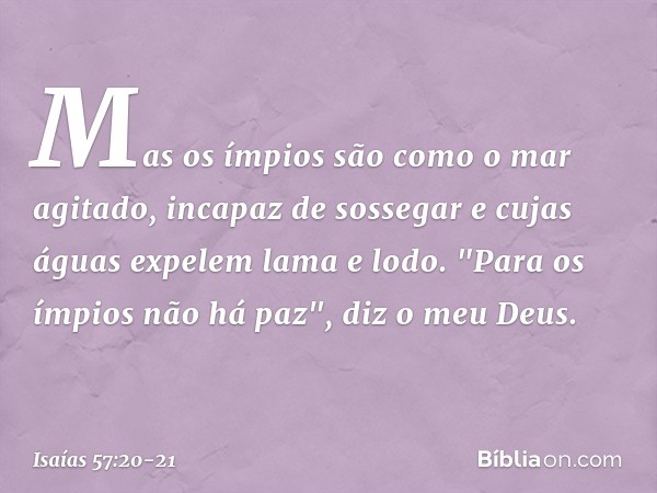 Mas os ímpios são como o mar agitado,
incapaz de sossegar
e cujas águas expelem lama e lodo. "Para os ímpios não há paz",
diz o meu Deus. -- Isaías 57:20-21