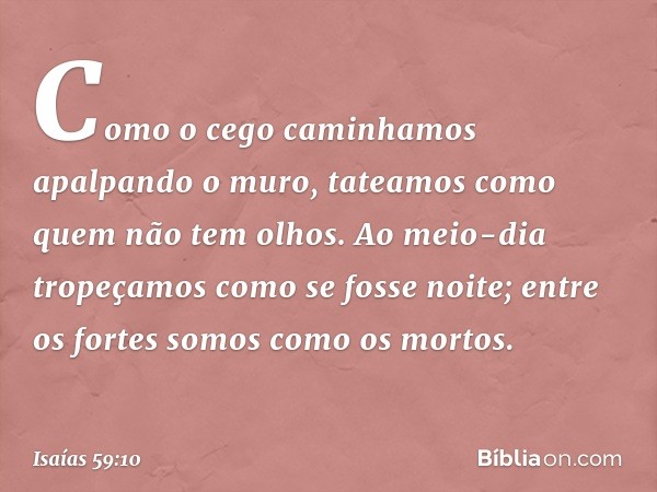 Como o cego caminhamos
apalpando o muro,
tateamos como quem não tem olhos.
Ao meio-dia tropeçamos
como se fosse noite;
entre os fortes somos como os mortos. -- 