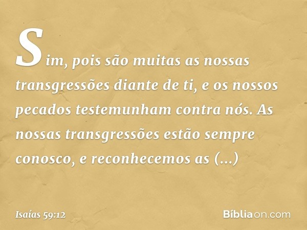 Sim, pois são muitas
as nossas transgressões diante de ti,
e os nossos pecados
testemunham contra nós.
As nossas transgressões
estão sempre conosco,
e reconhece