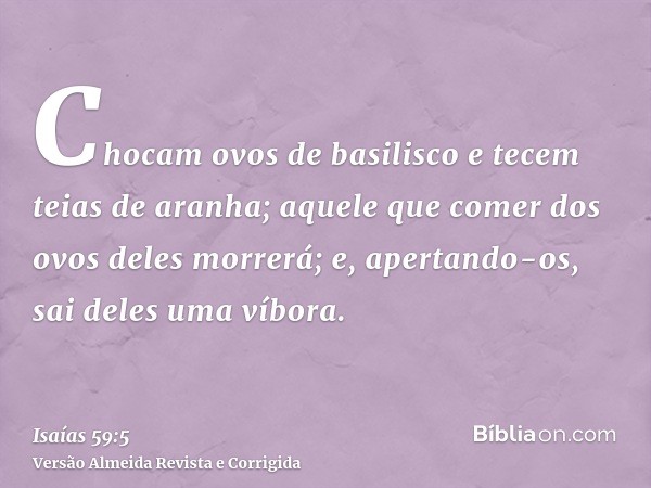 Chocam ovos de basilisco e tecem teias de aranha; aquele que comer dos ovos deles morrerá; e, apertando-os, sai deles uma víbora.