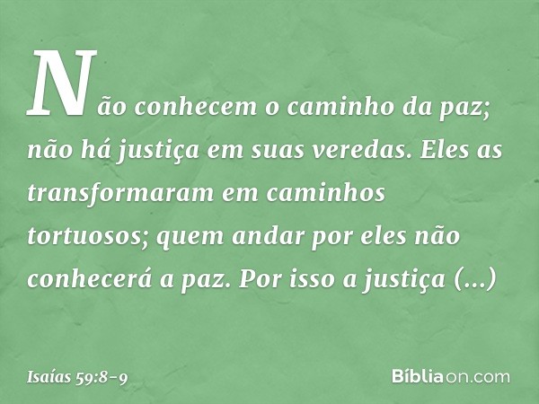 Não conhecem o caminho da paz;
não há justiça em suas veredas.
Eles as transformaram
em caminhos tortuosos;
quem andar por eles não conhecerá a paz. Por isso a 