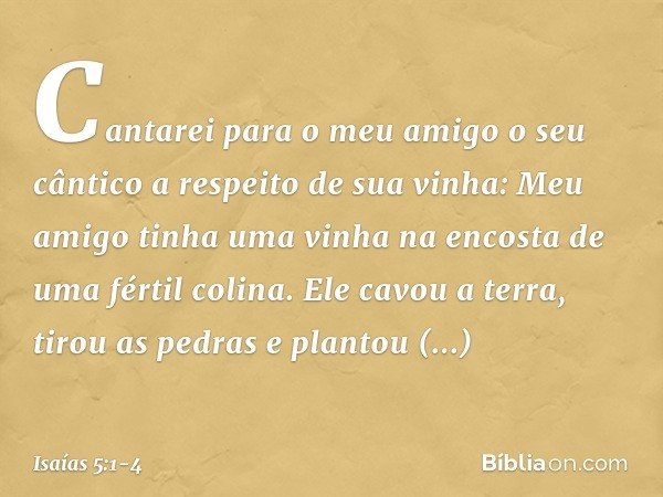 Cantarei para o meu amigo
o seu cântico
a respeito de sua vinha:
Meu amigo tinha uma vinha
na encosta de uma fértil colina. Ele cavou a terra, tirou as pedras
e