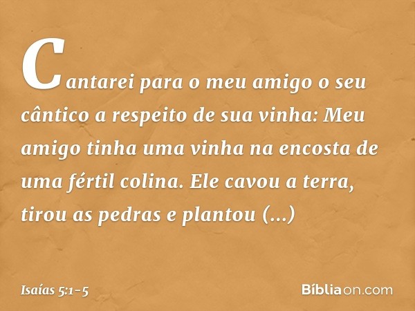 Cantarei para o meu amigo
o seu cântico
a respeito de sua vinha:
Meu amigo tinha uma vinha
na encosta de uma fértil colina. Ele cavou a terra, tirou as pedras
e