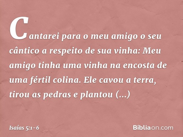 Cantarei para o meu amigo
o seu cântico
a respeito de sua vinha:
Meu amigo tinha uma vinha
na encosta de uma fértil colina. Ele cavou a terra, tirou as pedras
e