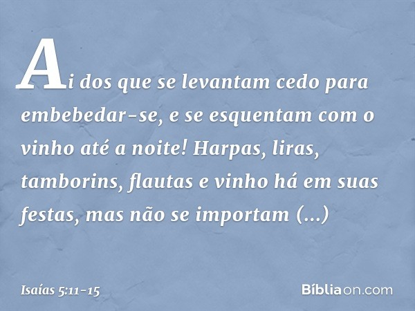 Ai dos que se levantam cedo
para embebedar-se,
e se esquentam com o vinho até a noite! Harpas, liras, tamborins, flautas e vinho
há em suas festas,
mas não se i