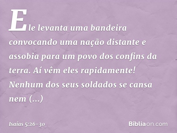 Ele levanta uma bandeira
convocando uma nação distante
e assobia para um povo
dos confins da terra.
Aí vêm eles rapidamente! Nenhum dos seus soldados
se cansa n