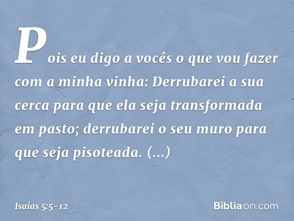 Pois eu digo a vocês o que vou fazer
com a minha vinha:
Derrubarei a sua cerca
para que ela seja transformada em pasto;
derrubarei o seu muro
para que seja piso