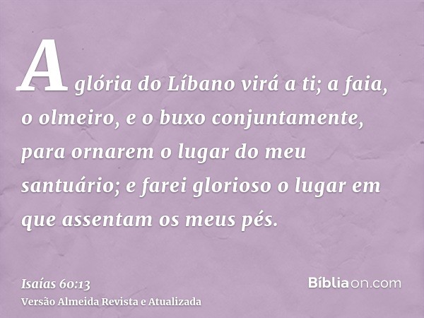 A glória do Líbano virá a ti; a faia, o olmeiro, e o buxo conjuntamente, para ornarem o lugar do meu santuário; e farei glorioso o lugar em que assentam os meus