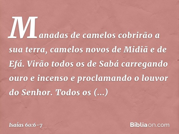 Manadas de camelos cobrirão a sua terra,
camelos novos de Midiã e de Efá.
Virão todos os de Sabá
carregando ouro e incenso
e proclamando o louvor do Senhor. Tod