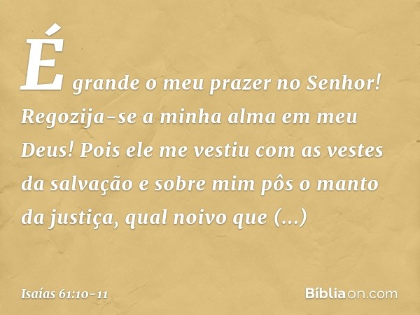 É grande o meu prazer no Senhor!
Regozija-se a minha alma em meu Deus!
Pois ele me vestiu
com as vestes da salvação
e sobre mim pôs o manto da justiça,
qual noi