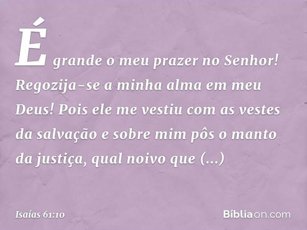 É grande o meu prazer no Senhor!
Regozija-se a minha alma em meu Deus!
Pois ele me vestiu
com as vestes da salvação
e sobre mim pôs o manto da justiça,
qual noi