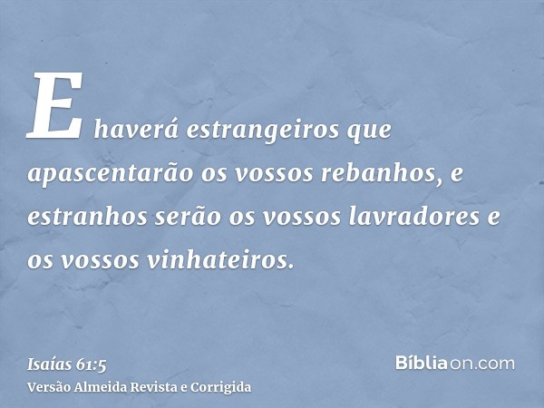 E haverá estrangeiros que apascentarão os vossos rebanhos, e estranhos serão os vossos lavradores e os vossos vinhateiros.