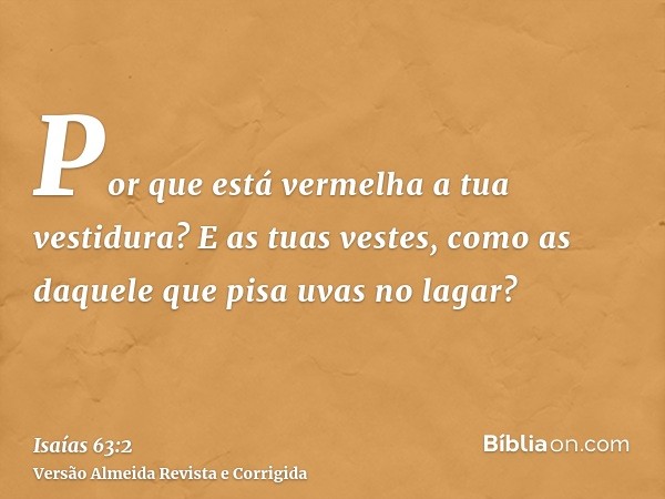 Por que está vermelha a tua vestidura? E as tuas vestes, como as daquele que pisa uvas no lagar?