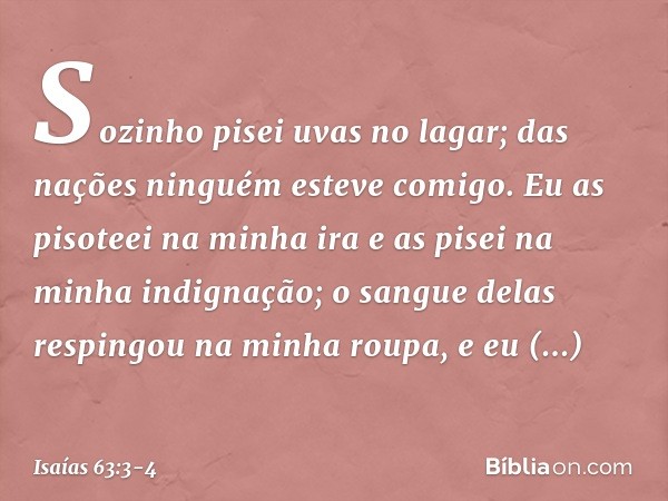 "Sozinho pisei uvas no lagar;
das nações ninguém esteve comigo.
Eu as pisoteei na minha ira
e as pisei na minha indignação;
o sangue delas respingou
na minha ro