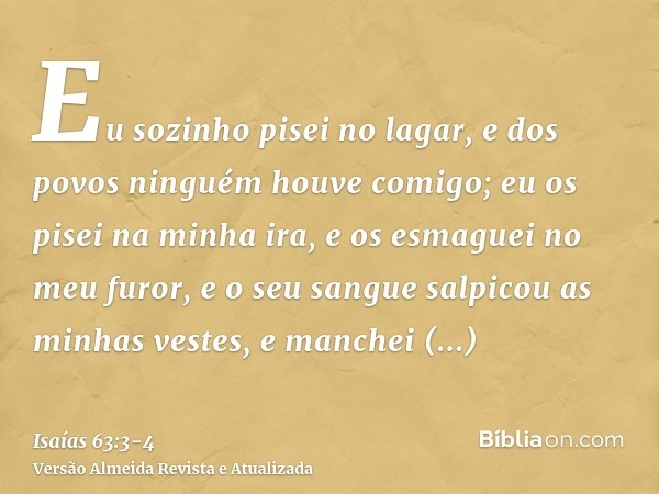 Eu sozinho pisei no lagar, e dos povos ninguém houve comigo; eu os pisei na minha ira, e os esmaguei no meu furor, e o seu sangue salpicou as minhas vestes, e m