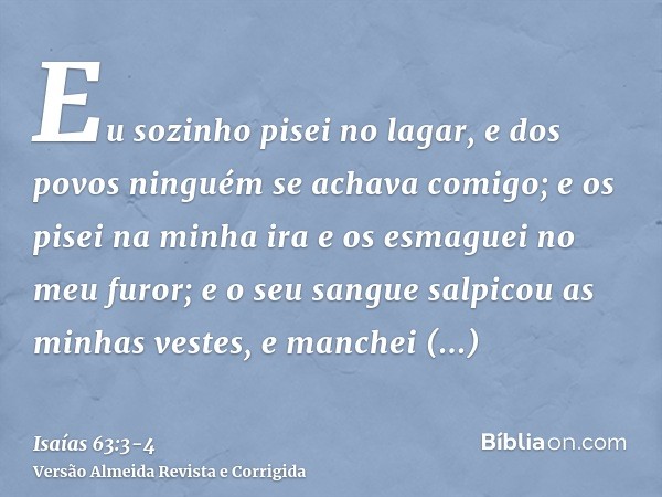 Eu sozinho pisei no lagar, e dos povos ninguém se achava comigo; e os pisei na minha ira e os esmaguei no meu furor; e o seu sangue salpicou as minhas vestes, e