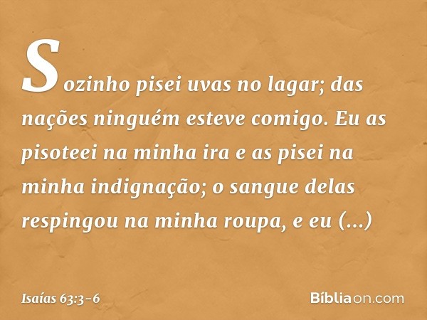 "Sozinho pisei uvas no lagar;
das nações ninguém esteve comigo.
Eu as pisoteei na minha ira
e as pisei na minha indignação;
o sangue delas respingou
na minha ro