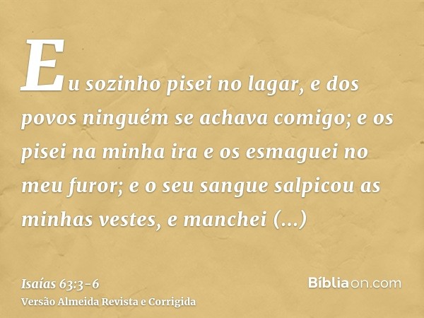 Eu sozinho pisei no lagar, e dos povos ninguém se achava comigo; e os pisei na minha ira e os esmaguei no meu furor; e o seu sangue salpicou as minhas vestes, e