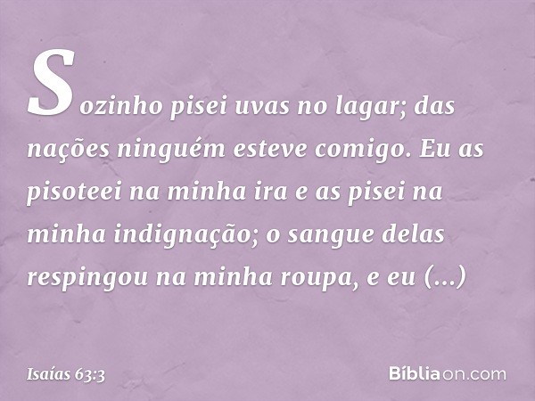 "Sozinho pisei uvas no lagar;
das nações ninguém esteve comigo.
Eu as pisoteei na minha ira
e as pisei na minha indignação;
o sangue delas respingou
na minha ro