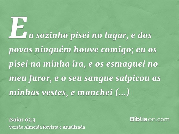 Eu sozinho pisei no lagar, e dos povos ninguém houve comigo; eu os pisei na minha ira, e os esmaguei no meu furor, e o seu sangue salpicou as minhas vestes, e m