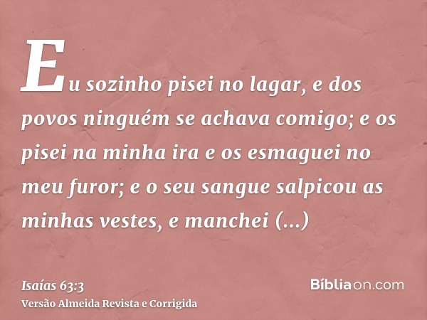 Eu sozinho pisei no lagar, e dos povos ninguém se achava comigo; e os pisei na minha ira e os esmaguei no meu furor; e o seu sangue salpicou as minhas vestes, e
