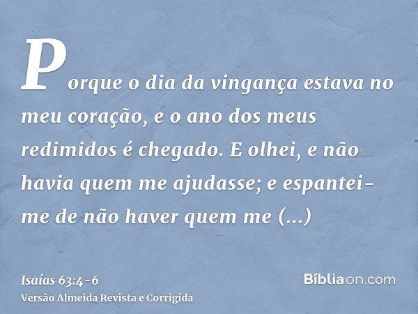 Porque o dia da vingança estava no meu coração, e o ano dos meus redimidos é chegado.E olhei, e não havia quem me ajudasse; e espantei-me de não haver quem me s